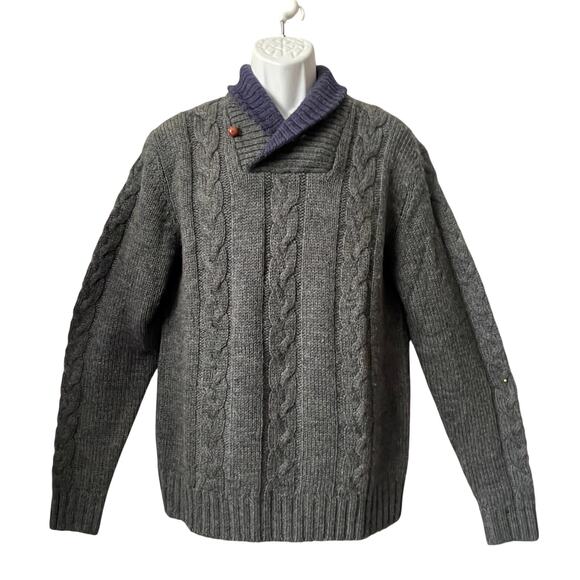 VINTAGE 90s GANT Charcoal Worsted Wool Shawl Collar Cable Knit Sweater Size L - Picture 1 of 5